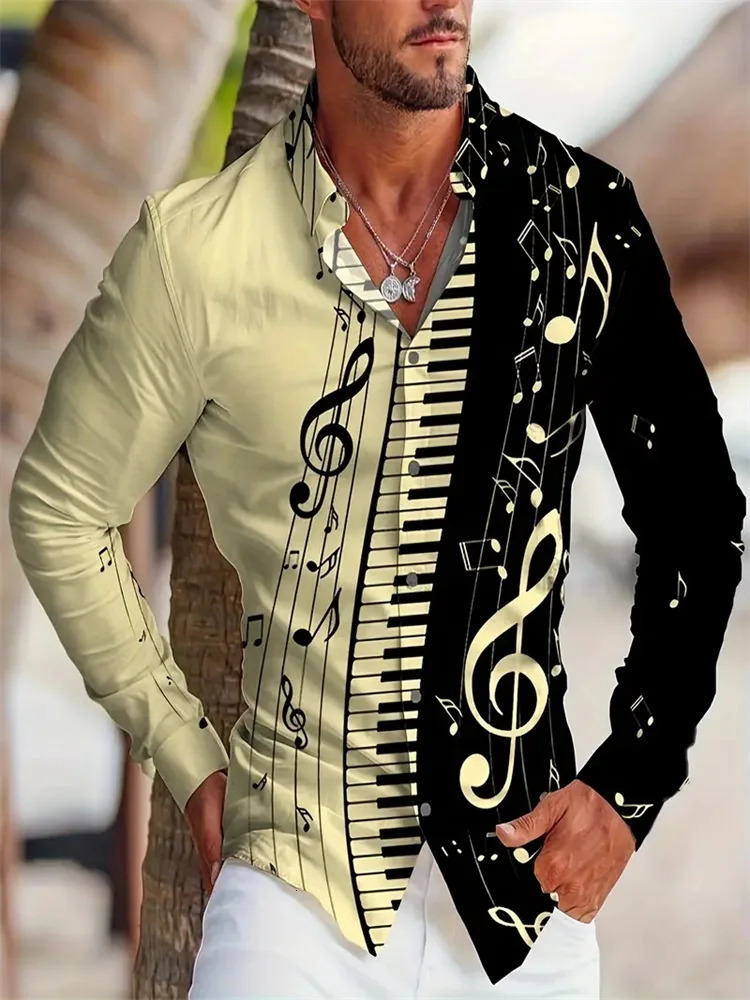 Autumn Music Note Print Fashion Mens Long Sleeve Street Fashion Single Chest Collar Shirt Vacation Casual Shirt 241007
