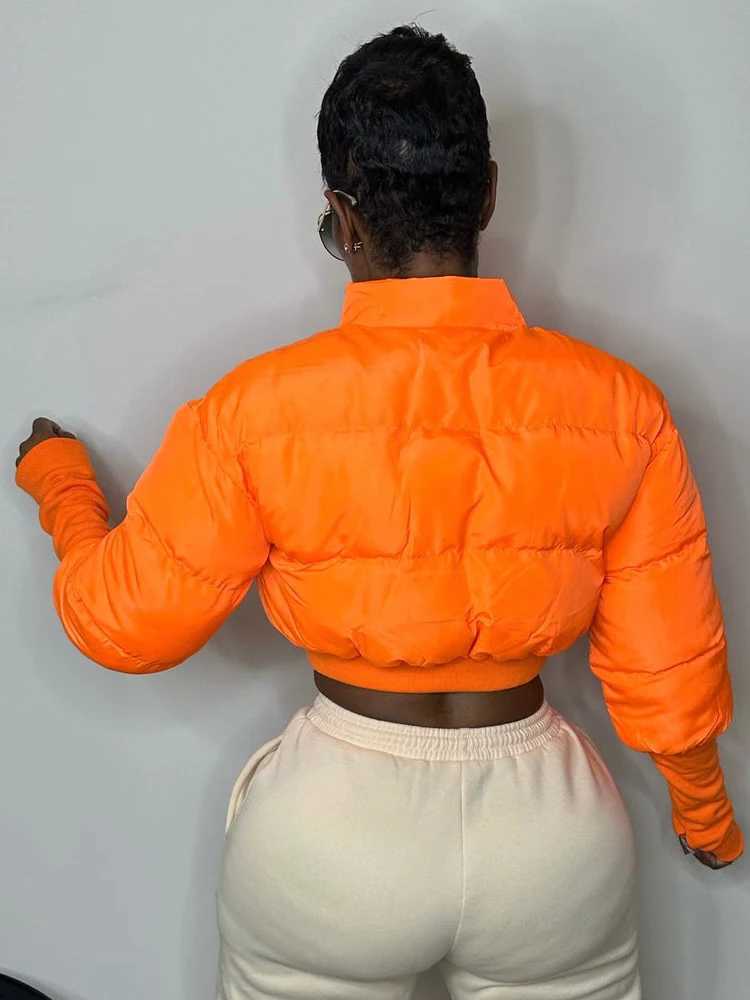 Women's Down Parkas Orange Cropped Puffer Jacket Womens 2024 Autumn/Winter Warm Long Sleve Zipper Bubble Quilted Coat Womens Lightweight Coat Y24