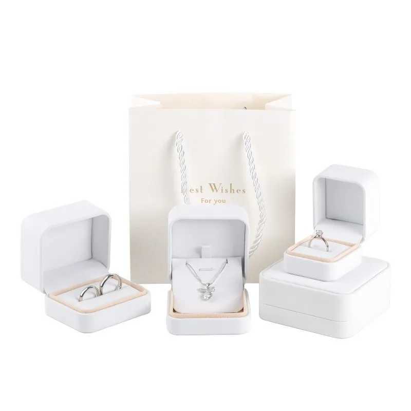 Simple solid color ring box white PU leather recommended engagement ring box holiday gift packaging earring storage box W241019