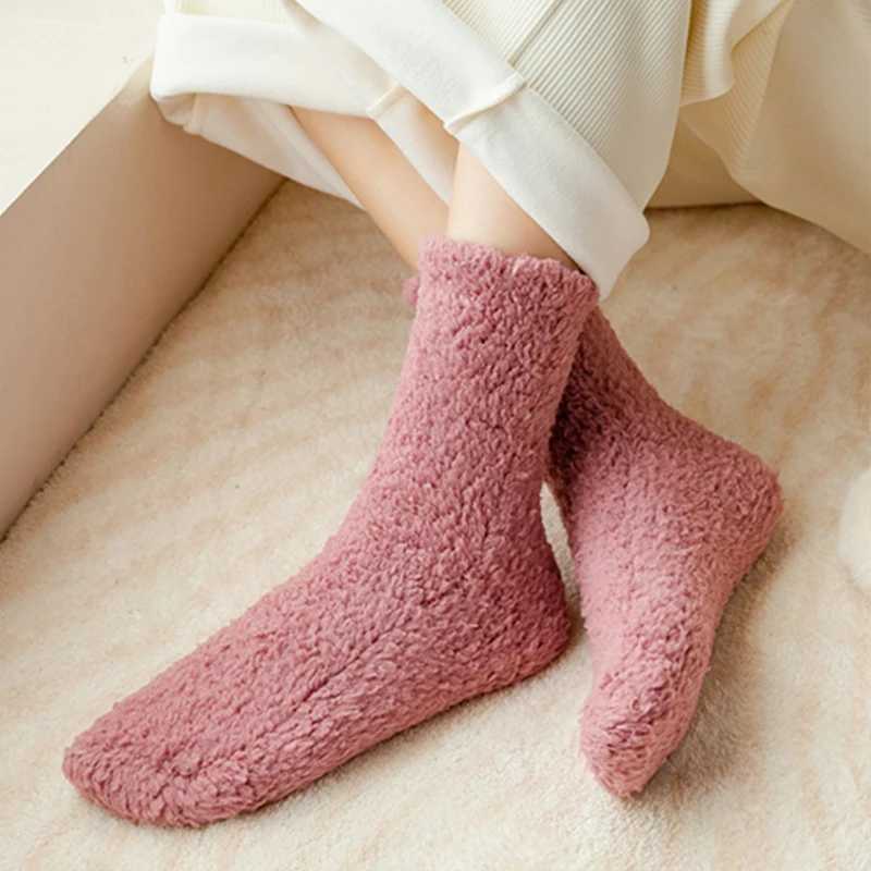 Winter Warm Coral Fleece Fluffy Socks Indoor Floor Slipper Women Socks Thicken Plush Candy Color Home Sleep Socks Christmas GiftXJ241019