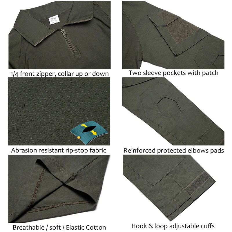 1/4 zipper long sleeved tactical shirt mens Rip Stop cotton battle shirt camouflage uniform T-shirt 241018