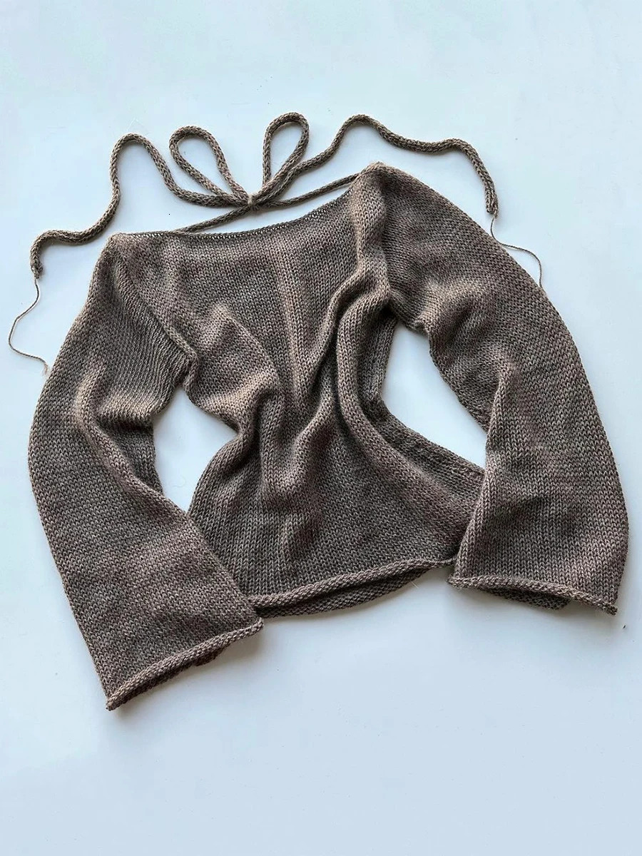 Y2K Tie Back Sweaters Women Long Sleeve Boat Neck Solid Color Knitted Pullover Casual Crochet Tops Fall 241010