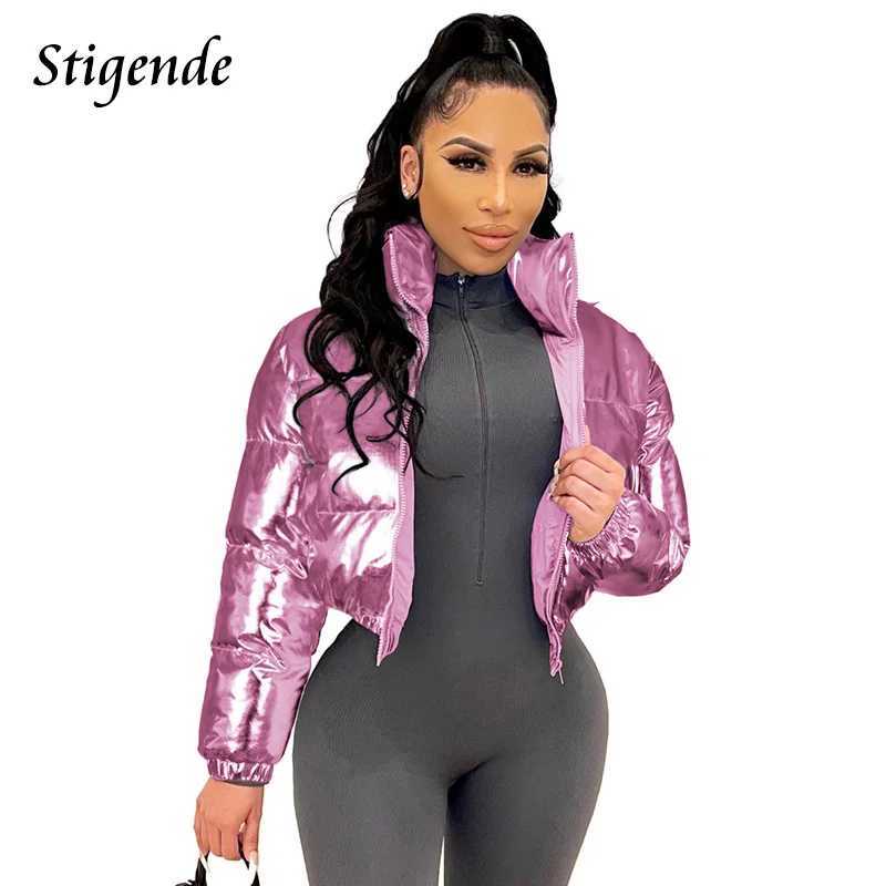 Parkas Womens Down Stigend Shiny Cotton Pad Gold Coat Womens Winter Warm Zipper Crop Top Patch Work Clothes Puffer Parka Coat Womens Vest Y24101