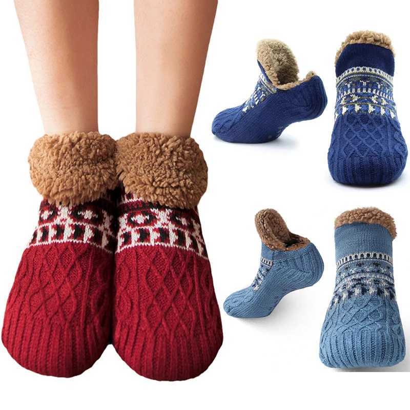 Non-slip Winter Indoor Home Slippers Socks Mens Floor Socks Knitted Adult Plus Fleece Carpet Sock Home Bedroom Sleeping SockXJ241019