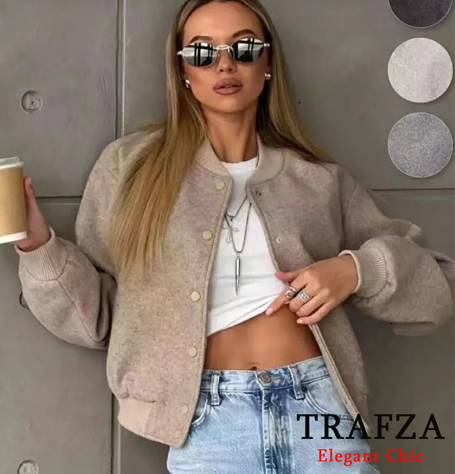 TRAFZA Casual Solid Soft Tweed Jacket Coat Womens Pocket ONeck Buttons Fall Winter Fashion 241019