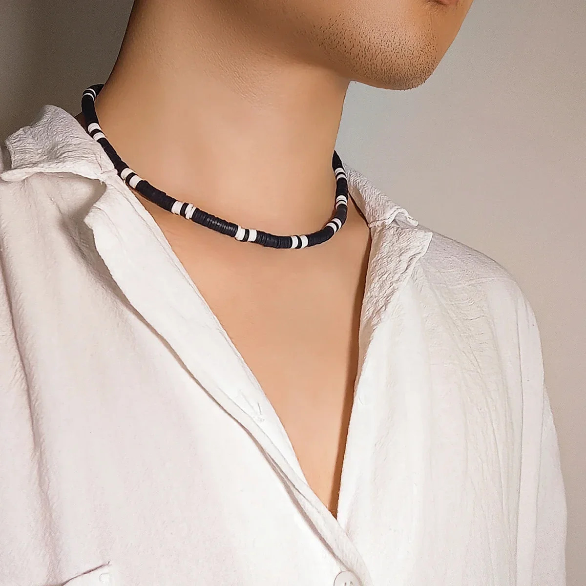 Hip hop black and white polymer clay bead mens necklace handmade necklace simple jewelry necklace boy party 241018 ww