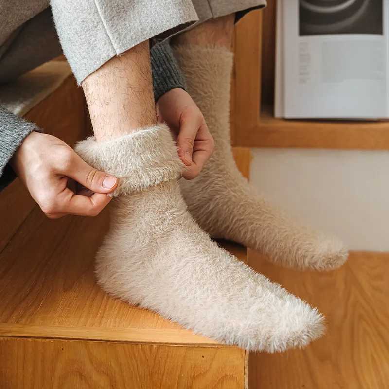 Autumn Winter Imitation Mink Fleece Middle Tube Socks Mens Solid Soft Plush Thickened Warm Socks Home Sleep Floor Socks For MenXJ241019