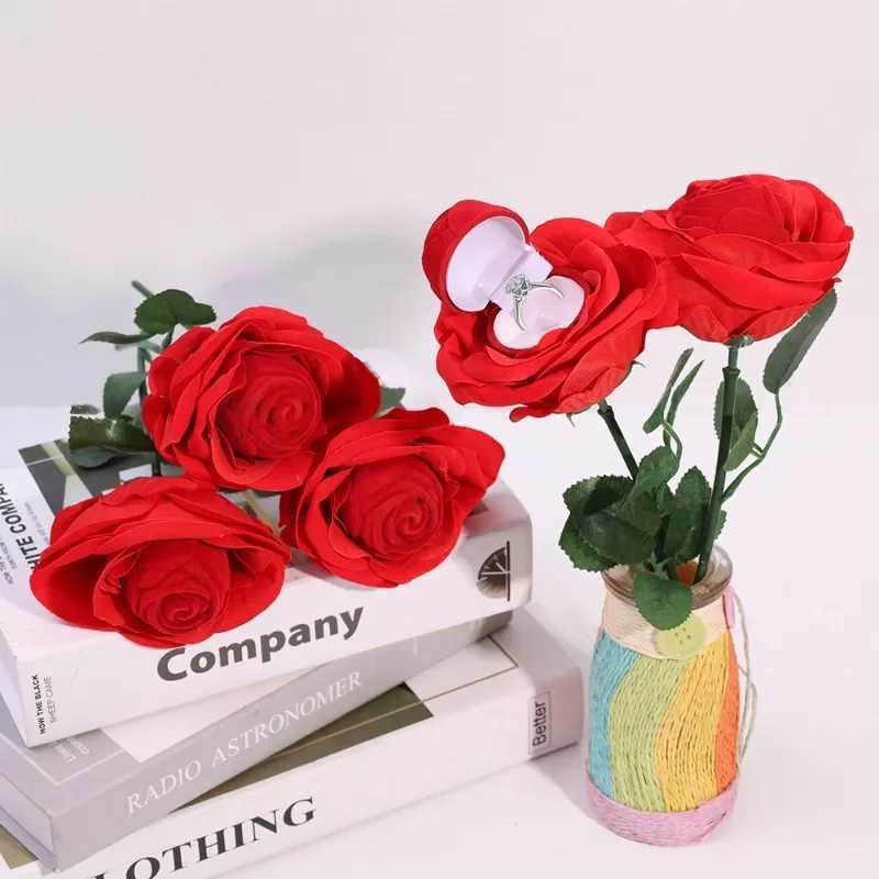 Cteative Rose Ring Box Red Velvet Rose Earrings Display Stand Gift Box Bridal Engagement Jewelry Storage Box W241019