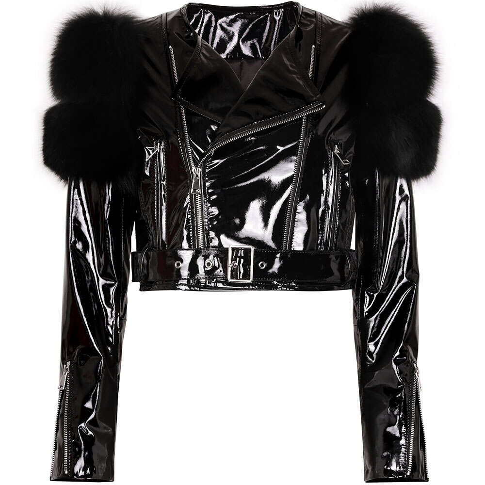 Yoloagain 2023 Autumn Natural Fox Fur Sleeve Genuine Cropped Women Shiny Sliver Leather Jacket Ladies