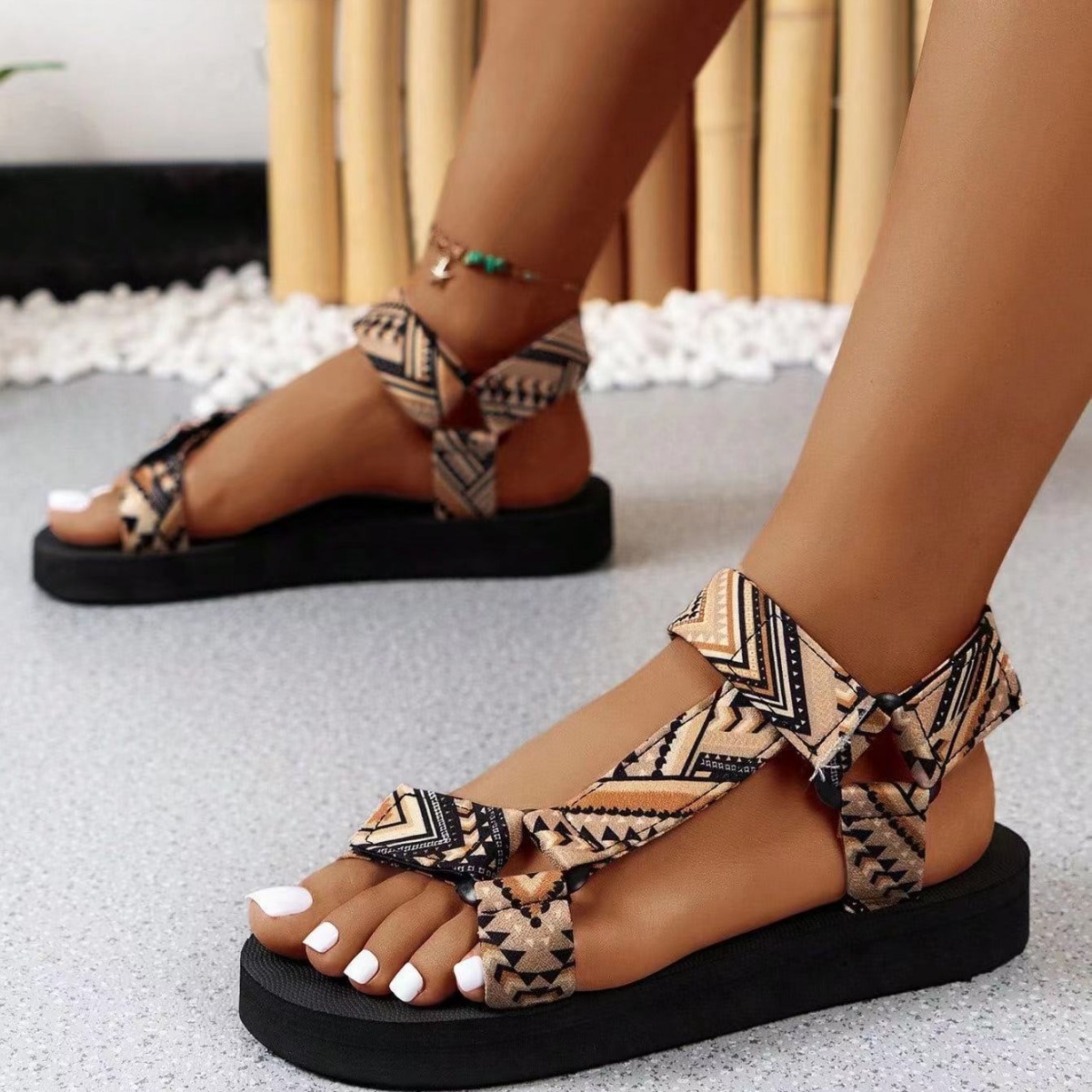 Oversized Women S Printed Flat Spring Summer New Thin Soled Ethnic Style Velcro Beach Sandals Ddmywed Ddmysaturn