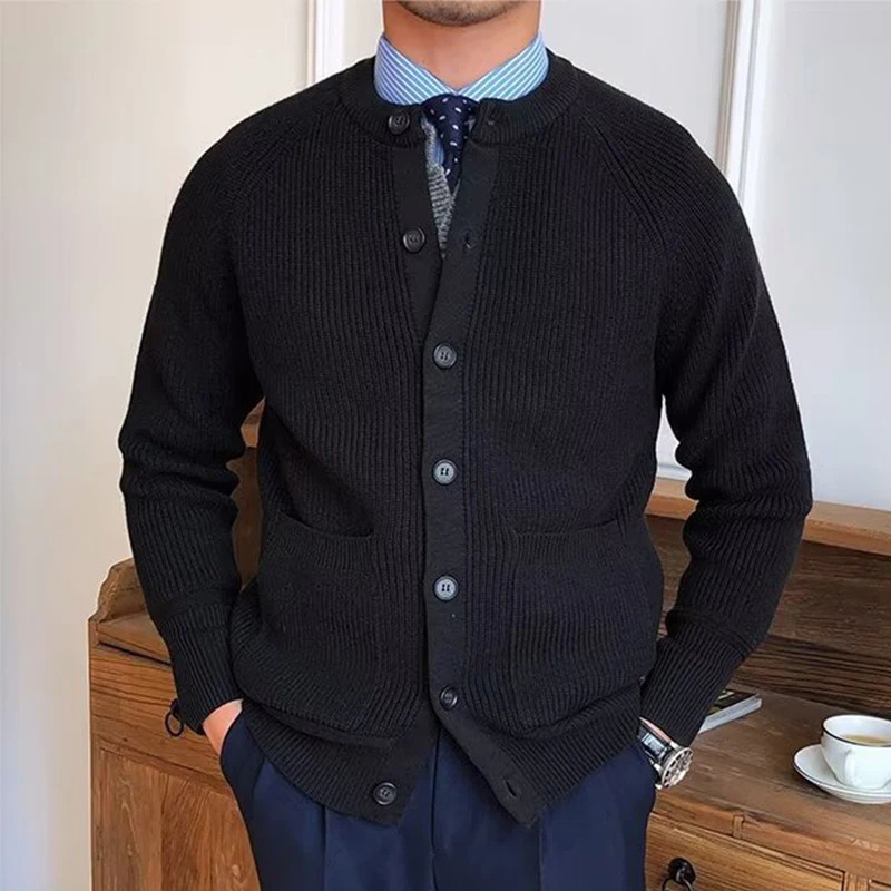 Vintage Buttoned Crew Neck Sweater Mens Cardigans Solid Color Long Sleeve Casual Knitted Jackets For Men Fall Winter Sweaters 241007