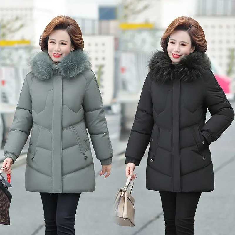 Middle-aged Womens Parkas Faux fur collar Jackets Winter Plus Velvet Lamb Hooded Coats Cotton Jacket Womens Mama OvercoatX241019