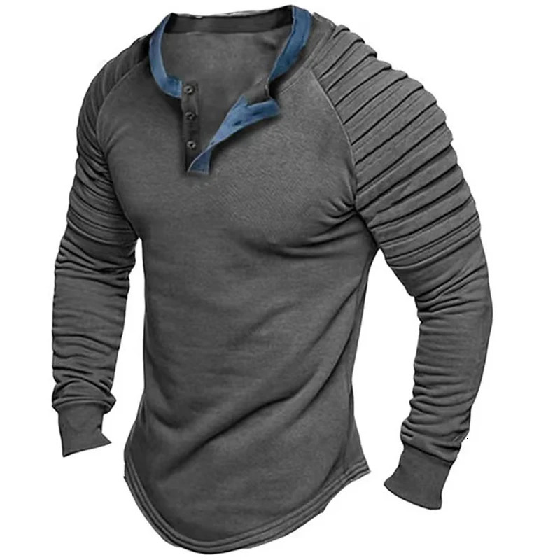 Spring and Autumn Retro Henry Necklace Mens T-shirt Casual Button Fold Long Sleeve T-shirt Mens Casual Solid Loose Floral Top 241018