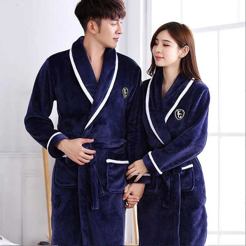 Autumn Winter Couple Robe Sleepwear Flannel Nightwear Kimono Bathrobe Gown with Pocket Loose Coral Fleece Home Wear Lounge WearXJ241018