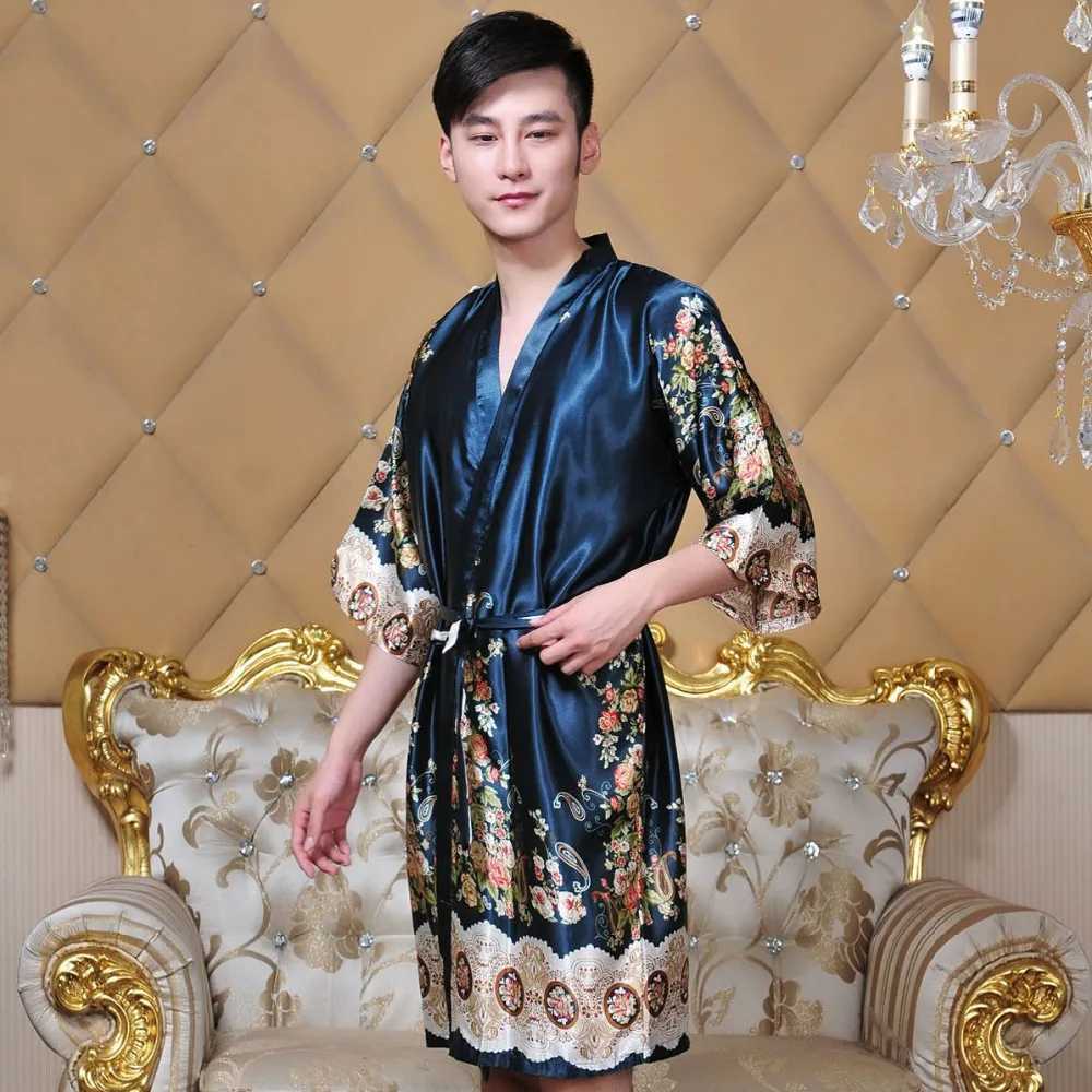 Men Kimono Bathrobe Chinese Style Robe Gown Print Flower Sleepwear Casual Nightwear Rayon Negligee Loose Intimate LingerieXJ241018