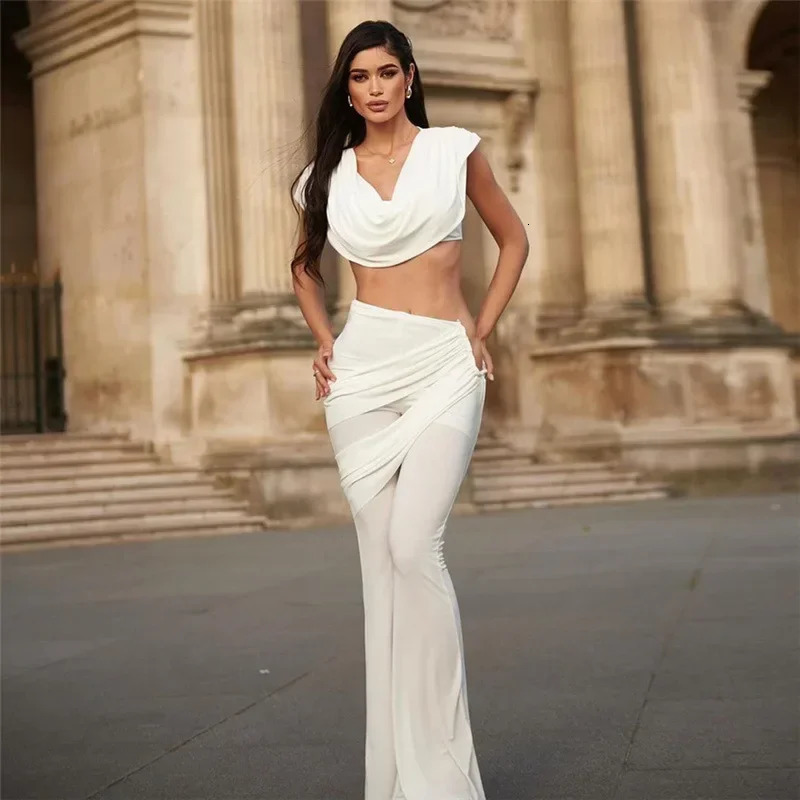 Fashion Crop Tops and Pant Two Piece Set Sexy Skinny Solid 2 Sets Going Out Outfits Women Winter Club Matching 241018