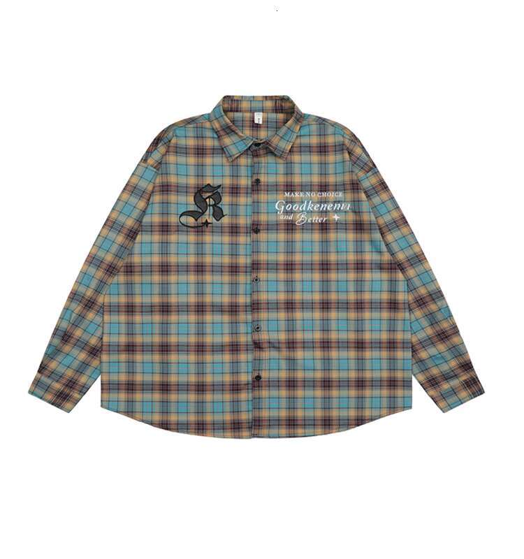 shanshi Men's shirts China-Chic American plaid shirt men's embroidery design sense personality long sleeve men and women versatile handsome 