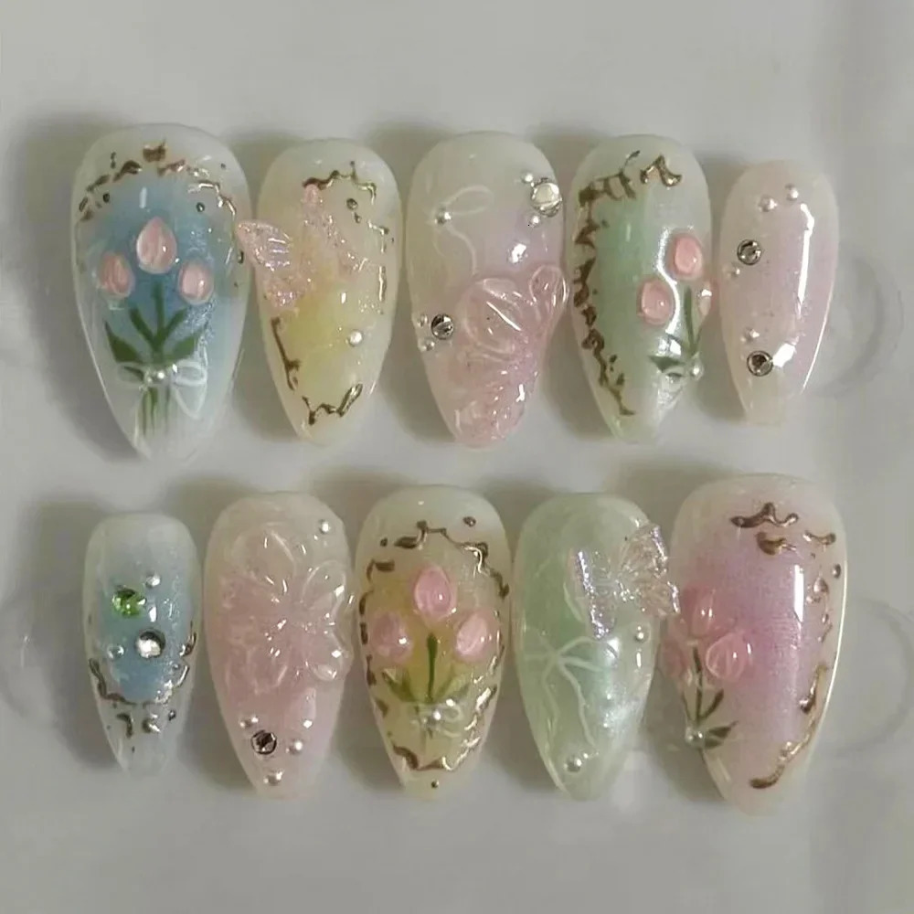 24pcs Short Almond Press on Nails 3D Flower Butterfly Nails with Glue Colorful Natural Acrylic False Nails Full Cover Nails 241007