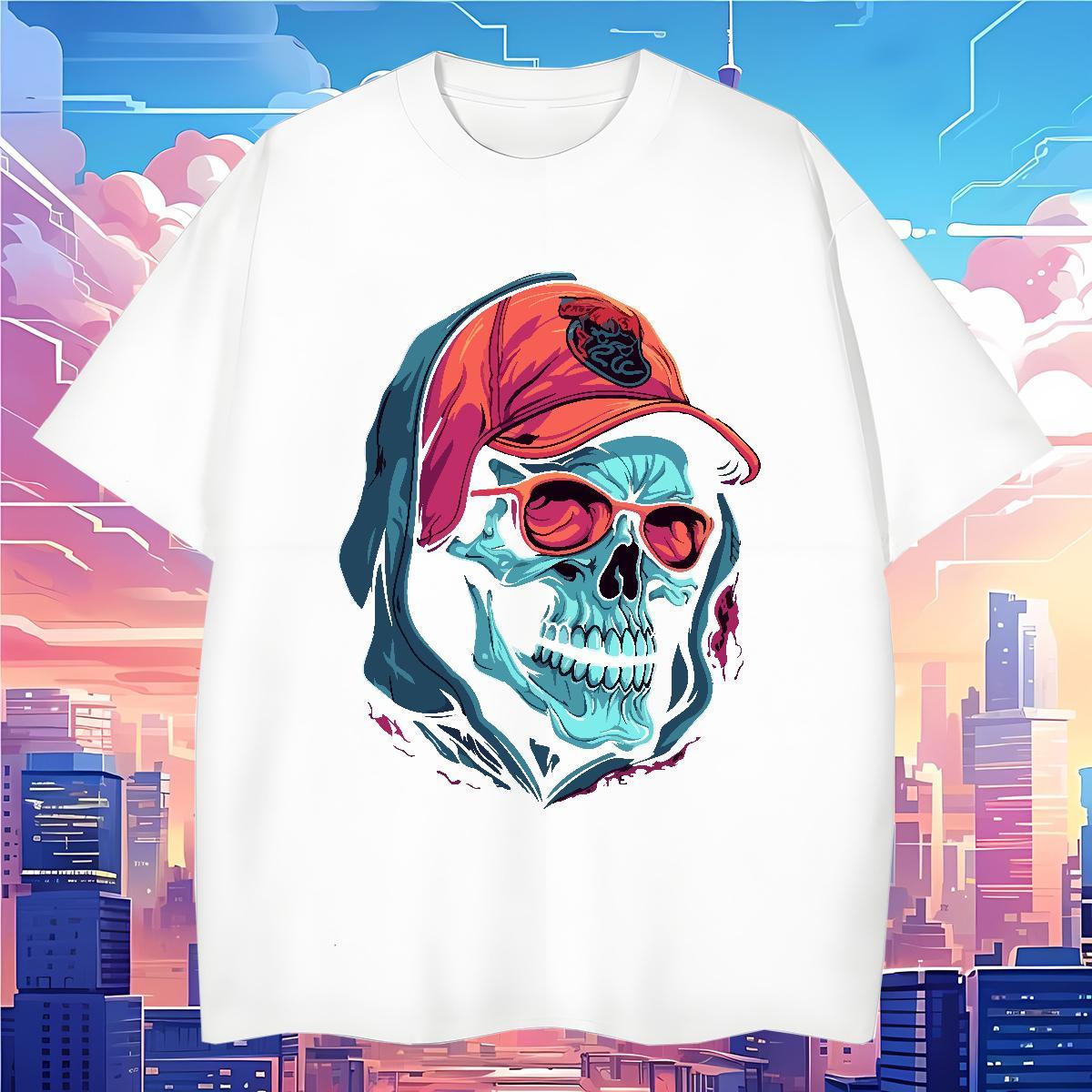 High Quality T shirt 230g 100% Cotton skull Anime Printing Street Black White Short Sleeve O-Neck Tshirt for Man Woman Stylist Tops