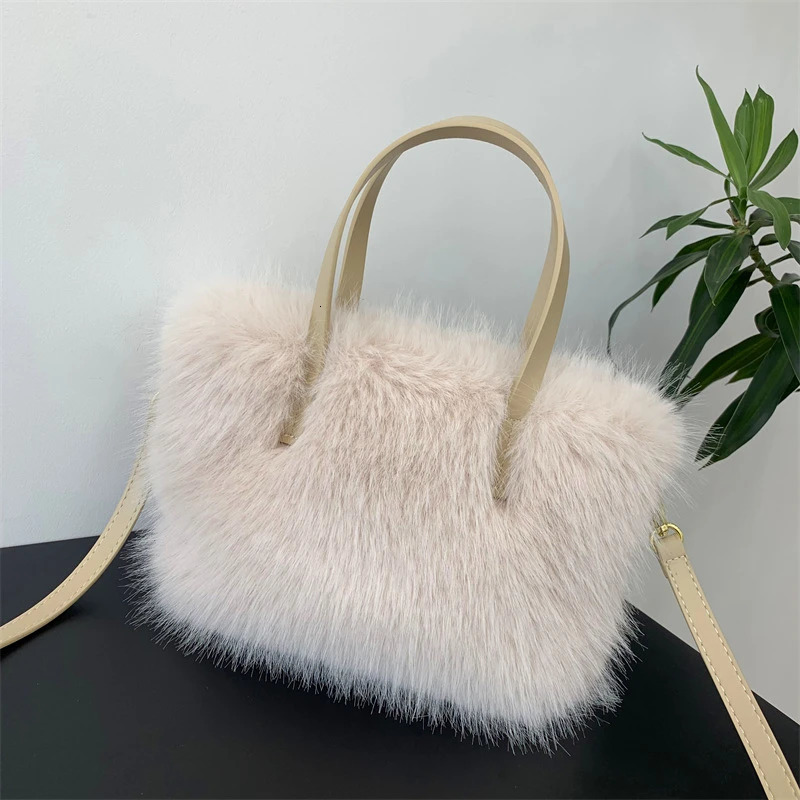 faux fur womens square shoulder bag winter fluffy womens horizontal bag soft fur leather plush womens small handbag 241018