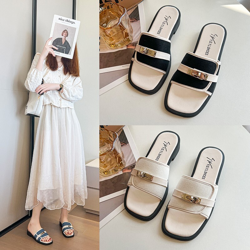 Flat Square Toe Bottom Slippers Summer New Women S Metal Buckle Decoration Casual One Line Low Heel Sandals For To Wear Externally Ddmysaturn
