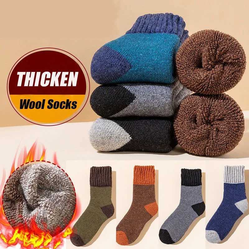 5Pairs/Wool Socks Winter Mens Super Thick Merino High Quality Wool Fashion Color Casual Warm Mid-tube Socks Plus Size EU38-46XJ241019