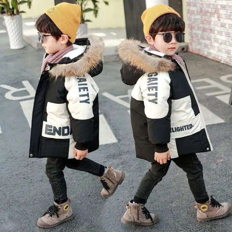 Winter boys coat baby fur collar hooded cotton and velvet thick warm jacket childrens coat 2-8 years 241019
