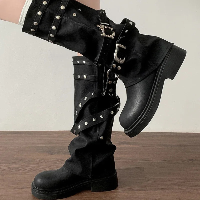 er Rivet Womens Trouser Leg High Boots Fashion Punk Style Shoes Autumn Thick Boots Womens Knight Boots 241018