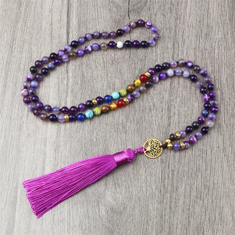 Natural purple agate stone necklace suitable for women 7 chakra spiritual energy 108 Japamala Mala beads tassel long necklace jewelry 241018