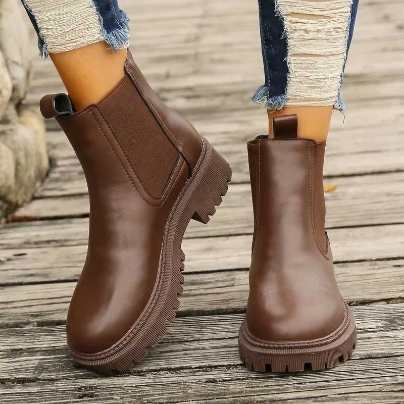 i Boots Womens 2023 Winter Fashion Round Lace Warm Ankle Boots Womens PU Leather Platform Shoes Y241019