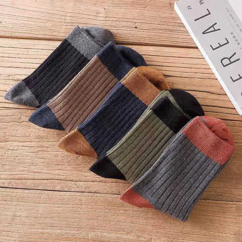 5 Pairs Autumn Winter Men Thickened Warm Socks High Quality Versatile Vintage Warm Comfortable Striped Mid Tube Sports SocksXJ241019