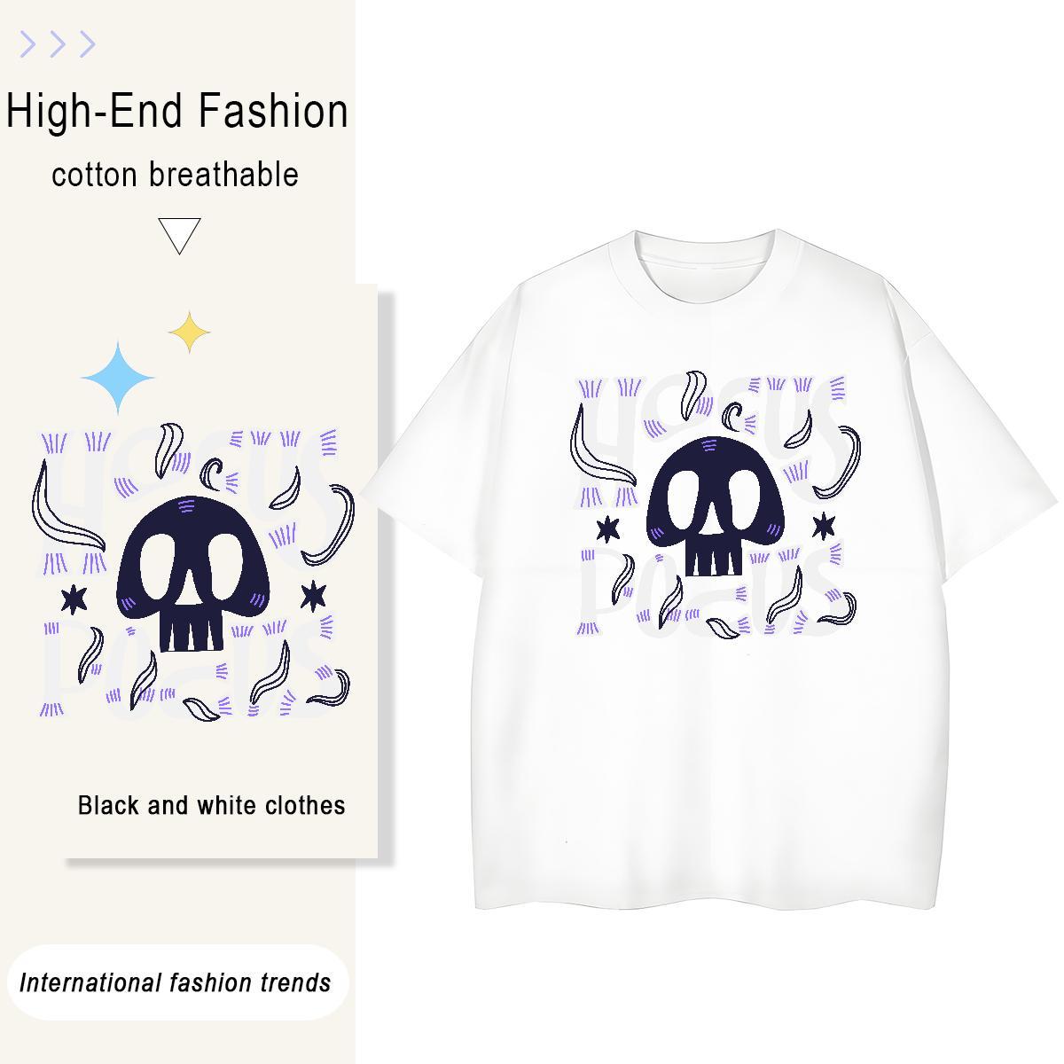 2024 DIY T Shirt For Woman 230g Pure Cotton Short Sleeve O-Neck Hip Hop skull Women Tees Loose fit DIY Anime Printed Tops