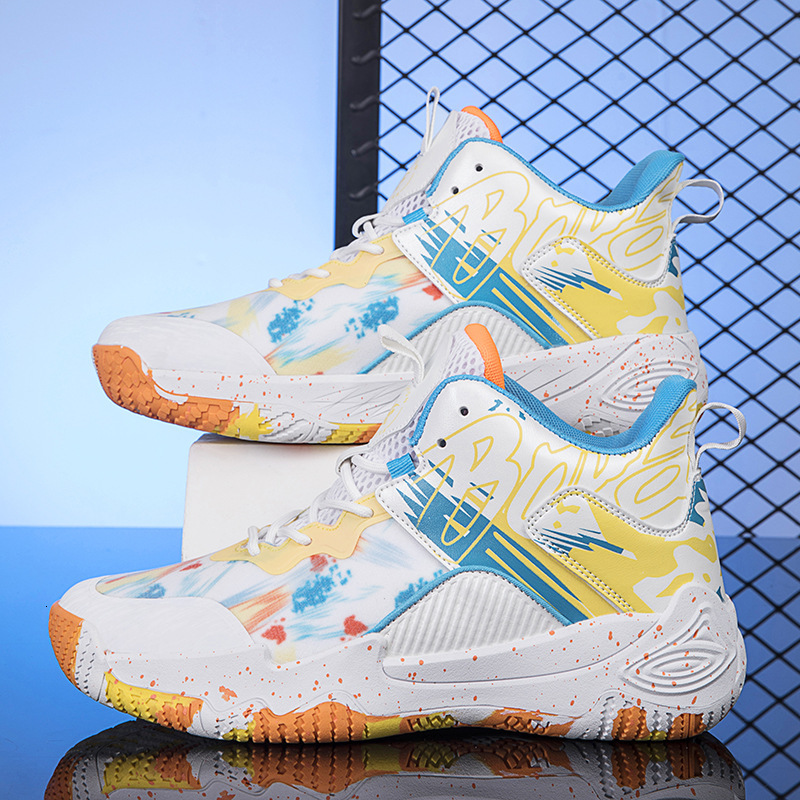 A pair of newly released mandarin duck basketball shoes, men's high top boots, sneakers, and trendy sports shoes for students on concrete ground