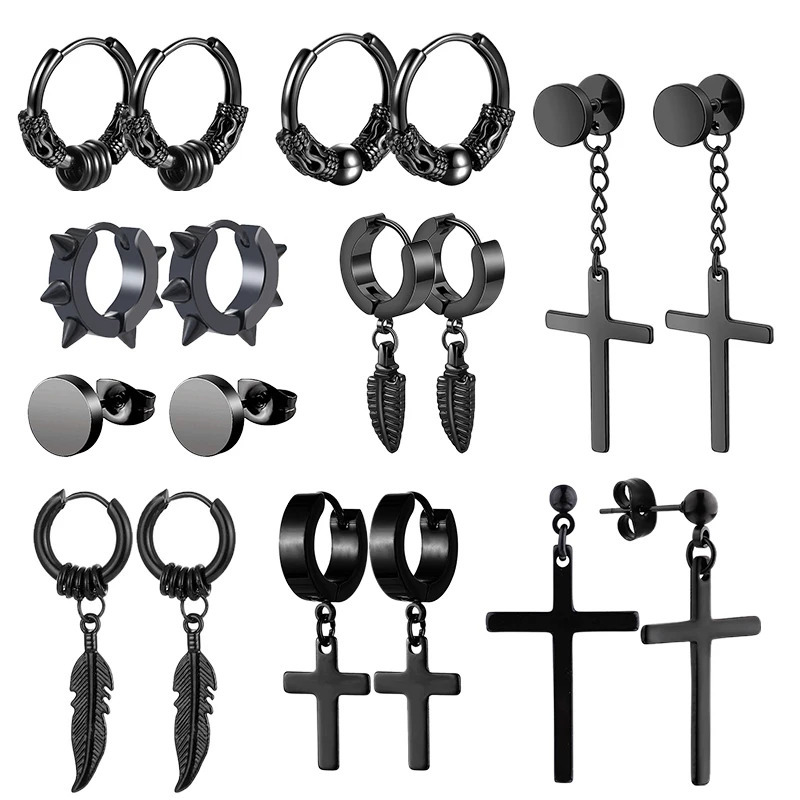9 pairs of punk black multi style stainless steel stud earrings suitable for mens and womens Gothic street fashion hip-hop earrings jewelry gifts 2410