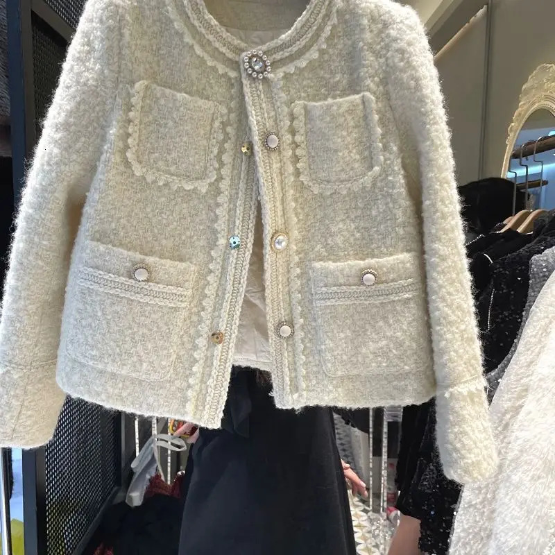 GkyocQ Sweet Girls Celebrity Tweed Coat Elegant O Neck Long Sleeve Single Row Buttons Short Jackets Pretty Female Coats 241019