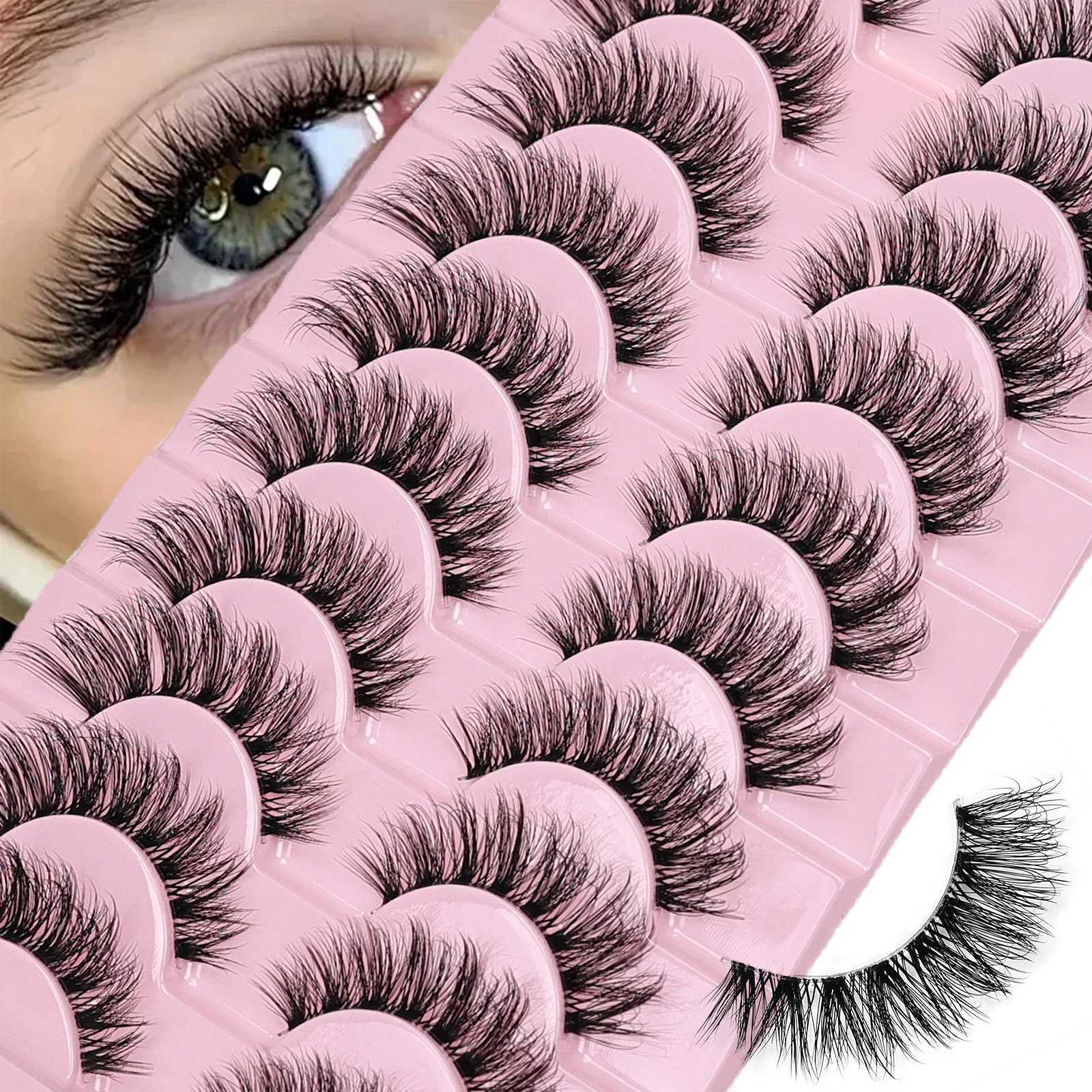 10 Pairs Natural Fluffy False Eyelashes Wispy Lashes 3D Volume Strip Lashes D Curl Fake Eyelashes with Clear Band Eye LashesXJ241019