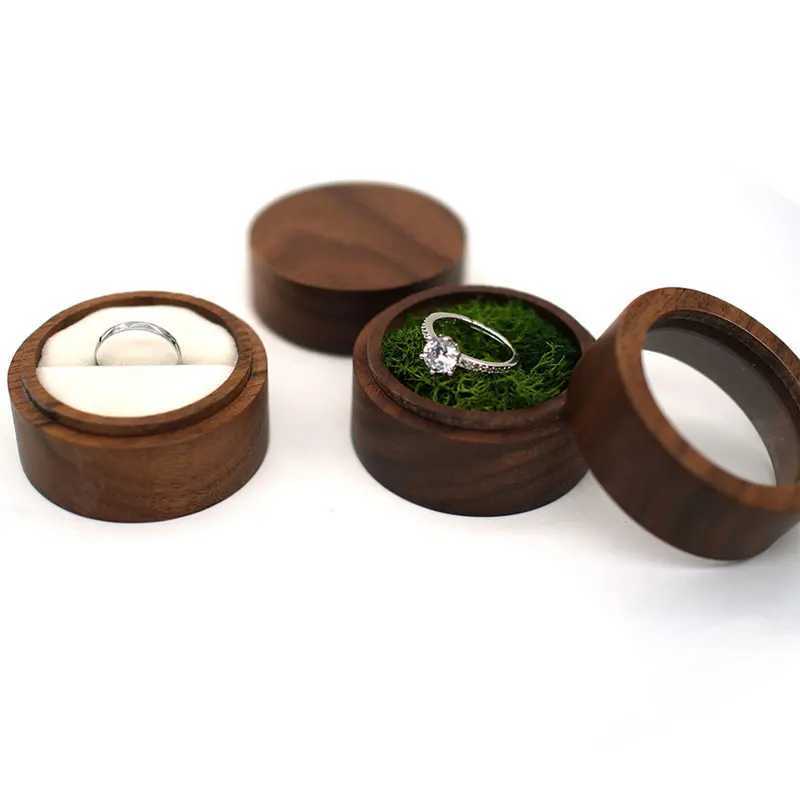 Round walnut ring box velvet soft indoor jewelry box holder organizer wooden box for suggesting engagement ring packaging W241019
