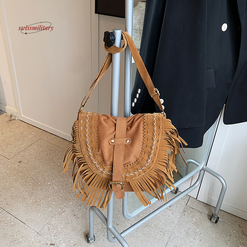 Tassel brown Western cowboy niche ethnic controversy, West Asia crossbody bag, women's trendy travel bag #39 swissmilitary