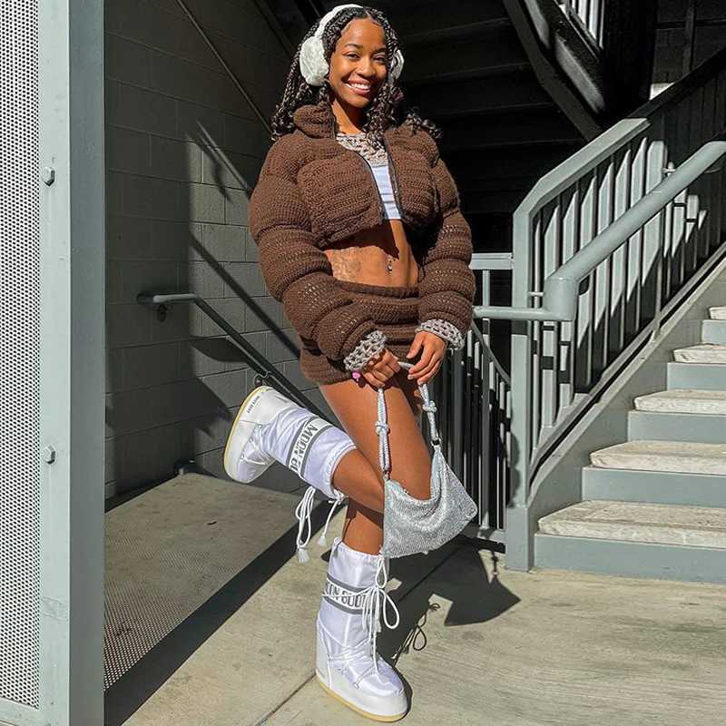 Women's Down Parkas Fashion Cute Women Knitted Sweater Puffer Jacket Winter Knit Warm Thick Bubble Coats Stand Collar Zipper Crop Jacket Parkas D