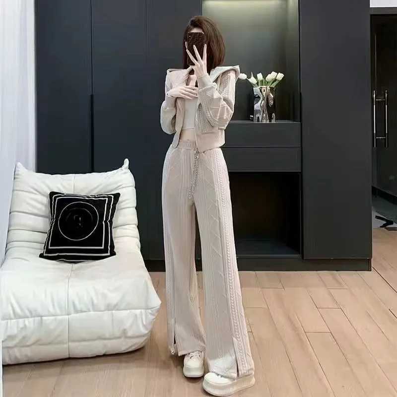 Women's Two Piece Pants Slit Wide Leg Womens Pants Two Piece Set Blue Tracksuit Autumn Winter Sport Ladies Trouser Hooded Sweatshirt Tailor D Lux