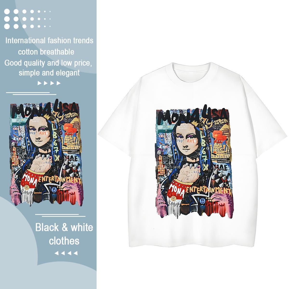 Fashion T Shirt For Woman 230g Cotton Crew Neck Breathable Casual Sport Mona Lisa Tshirt for Man Woman Loose Black White Polos