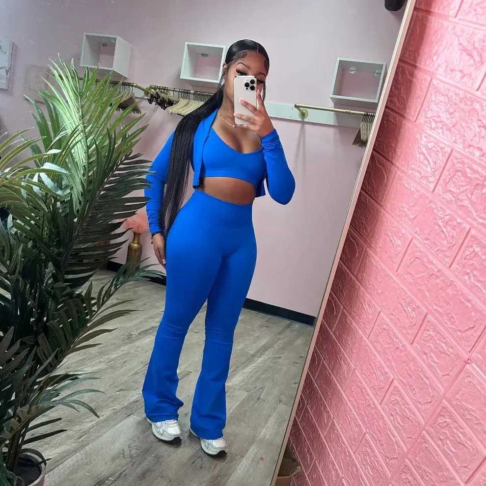 Women's Two Piece Pants Crop jacket hoodie front 2-piece pants set sexy sportswear 2024 womens autumn clothing body elegant 2-piece pants set Y24