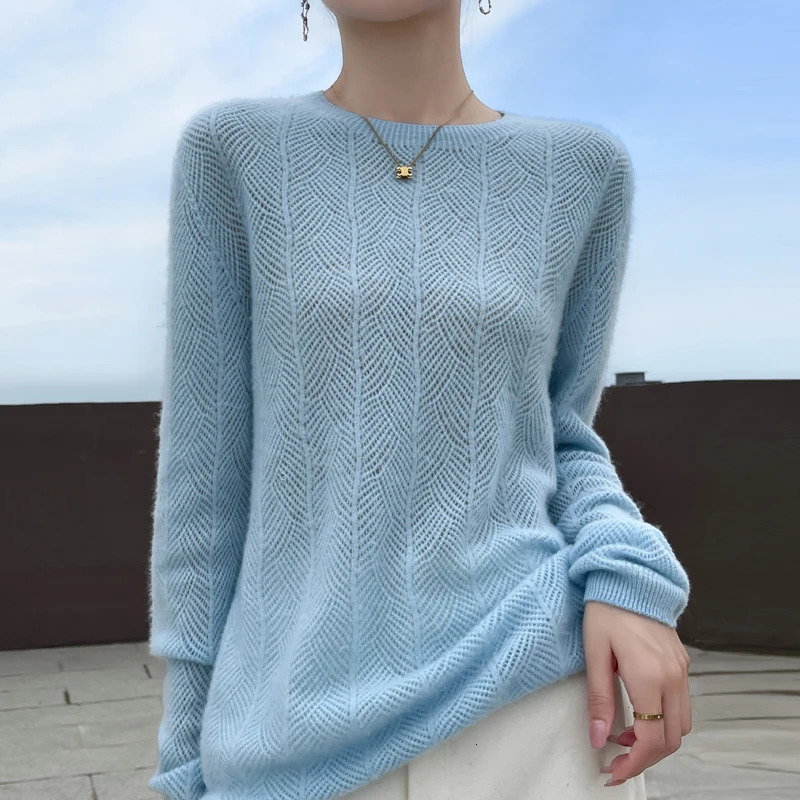 DjzDsm Women O-neck Pullover Sweater Hollow Out Long Sleeve Jumper 100% Merino Wool Knitwear Basic Casual Clothes Autumn Winter 241010