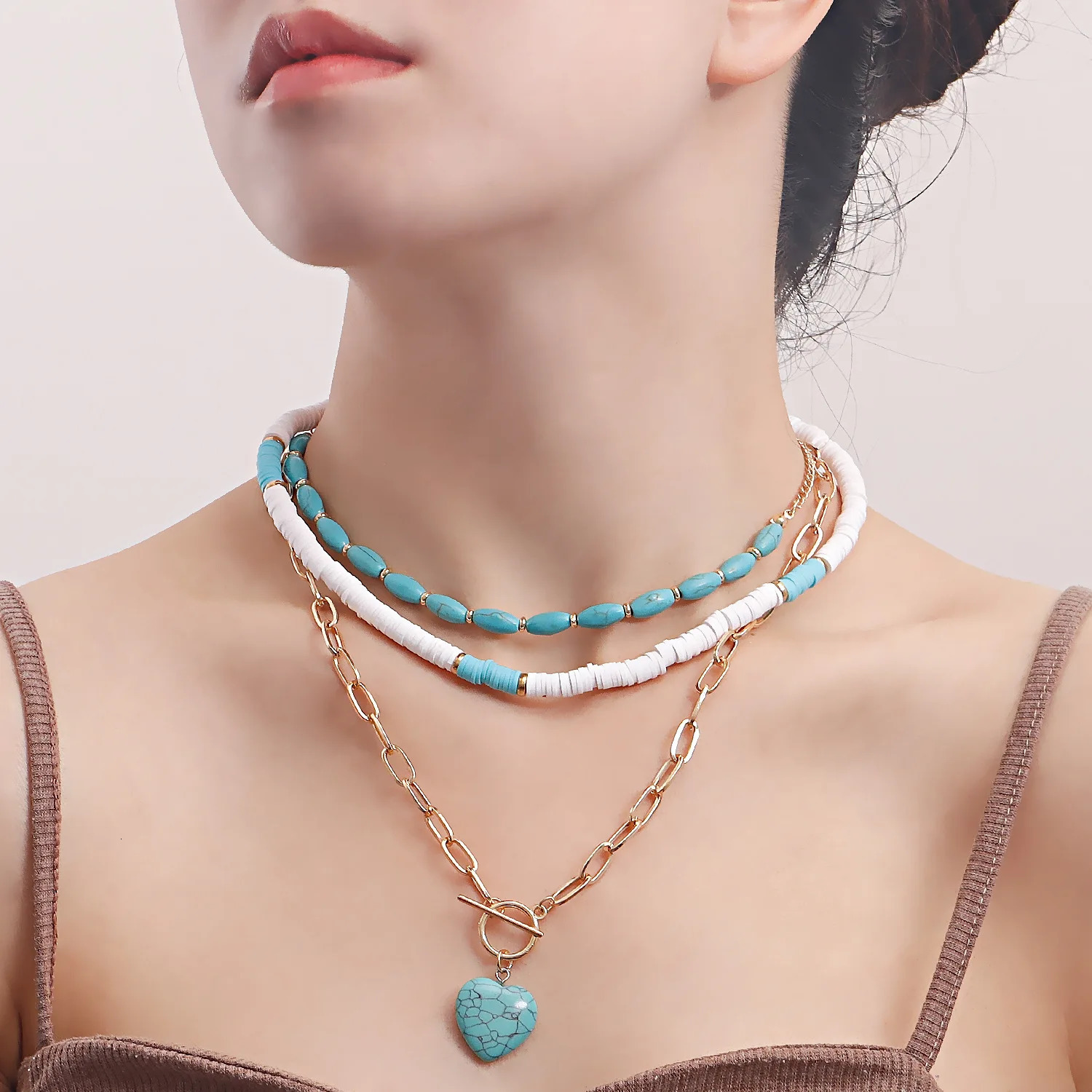 Renya Ethnic Calais Stone Necklace Heart shaped Stone Pendant Necklace Polymer Clay Bead Layered Necklace 241018