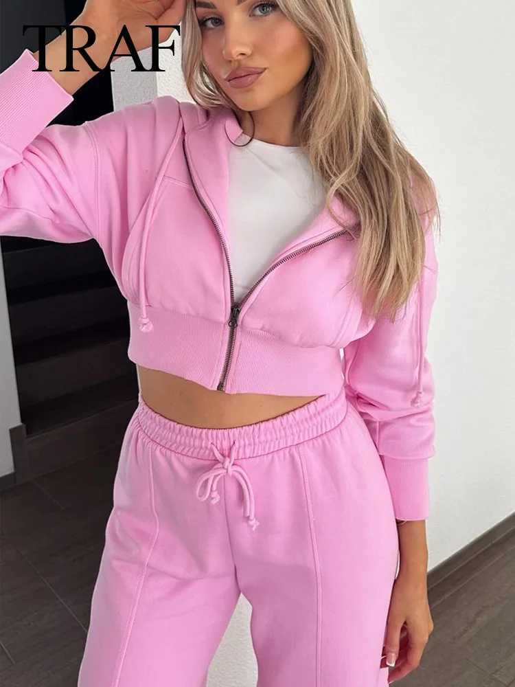 Women's Two Piece Pants TRAF 2024 Spring Womens Casual Hoodie Zipper Jacket+Elastic Waist Pocket Pants 2-piece Set Elegant Loose Solid Grey Pants