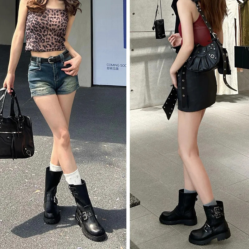 Retro womens western cowboy boots fashionable buckle shoes autumn thick boots womens knight mid calf boots 241018