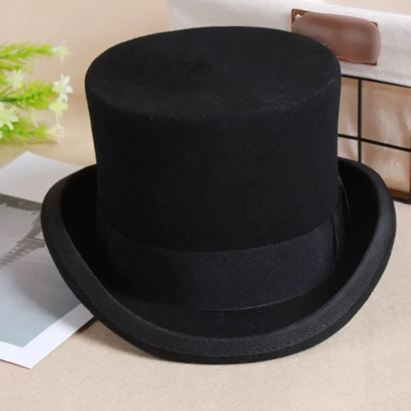 wool flat top hat fashion Fedora hat version Panama magician hat gentleman cylindrical hat with steampunk hat elegant 241018