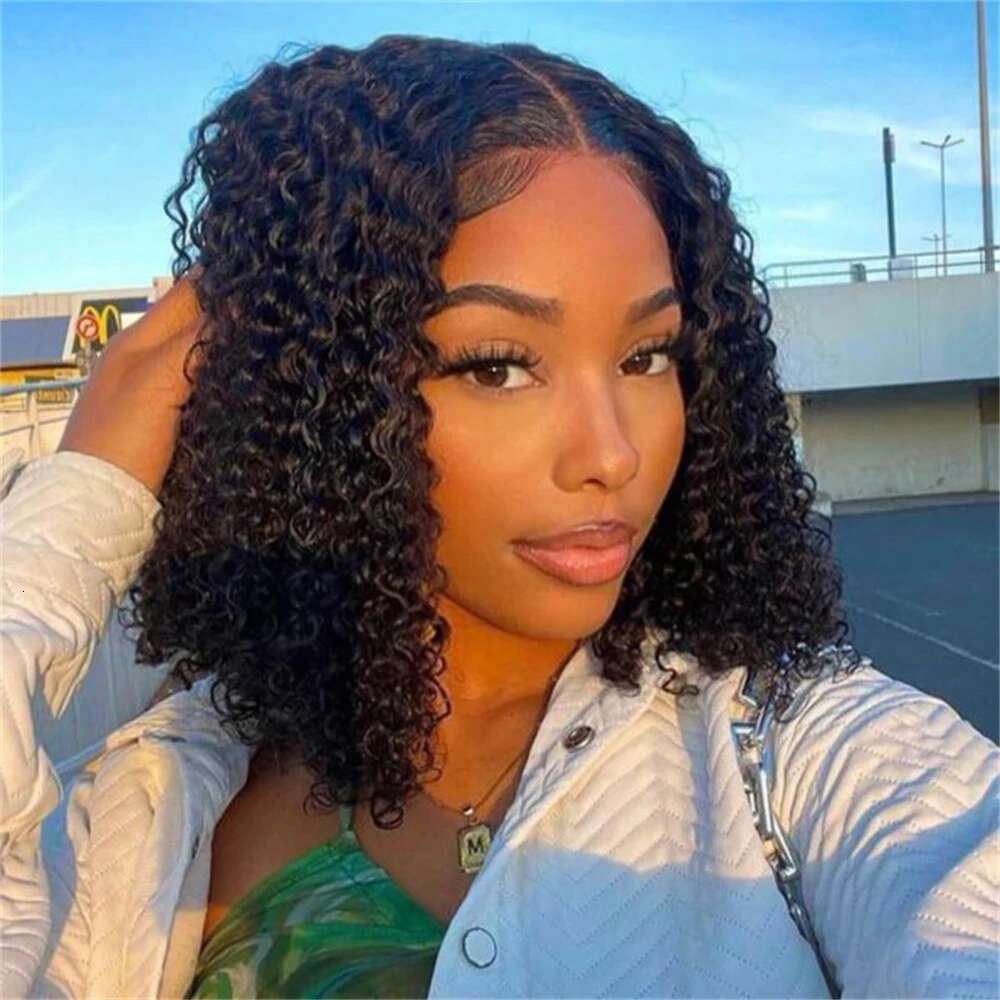 Peruvian Deep Curly Bob Natural Black Color Brazilian HD Front 13x6x1 Transparent T Part Lace Hair Wigs