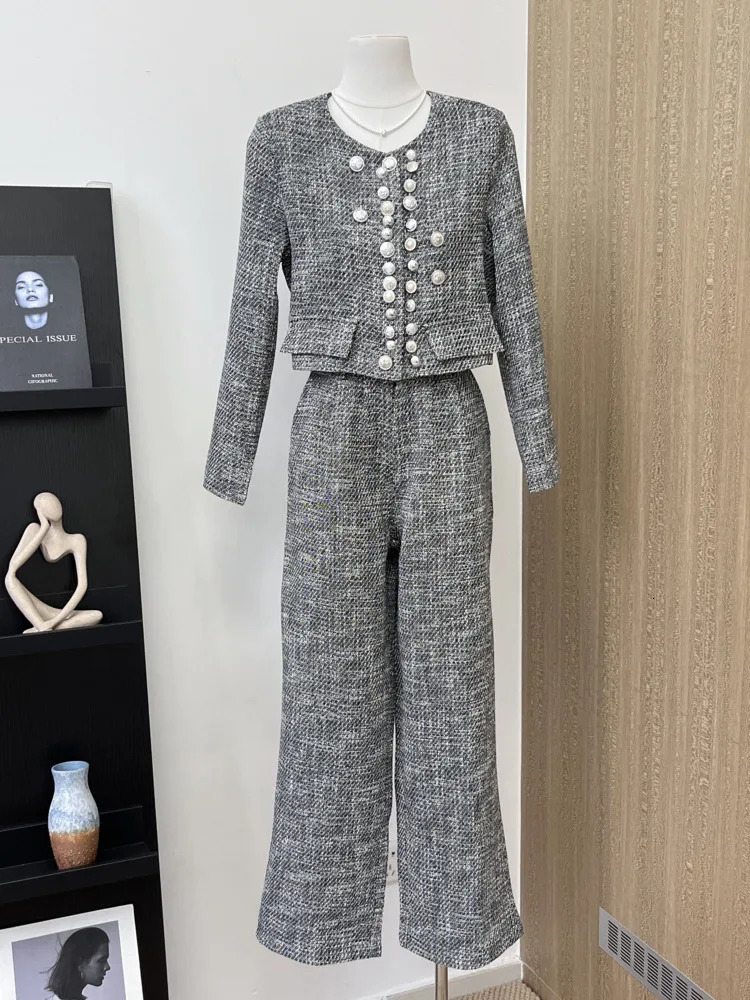 High Quality Tweed Two Piece Set Women Jacket Coat Pant Suits Fashion Casual 2 Sets Outfit Conjunto Femininos 241019