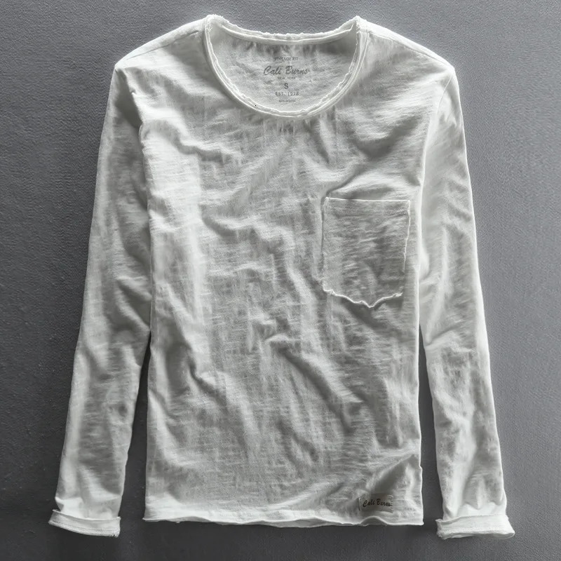 Fashionable retro solid bamboo cotton long sleeved O-neck T-shirt mens casual thin top tee comfortable T-shirt 241018